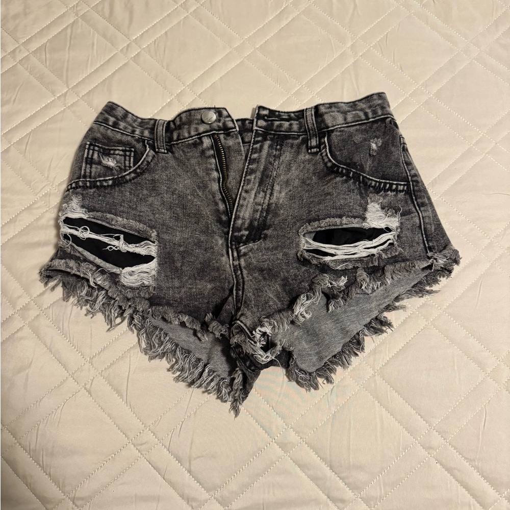 Distressed Black Denim Shorts